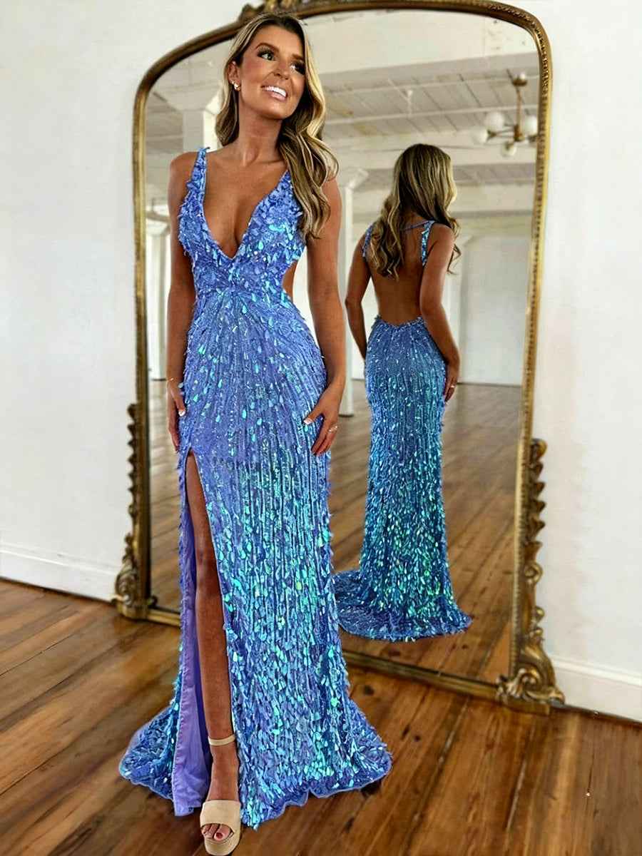 Mermaid V-Neck Backless Long Tight Sequin Prom Dress