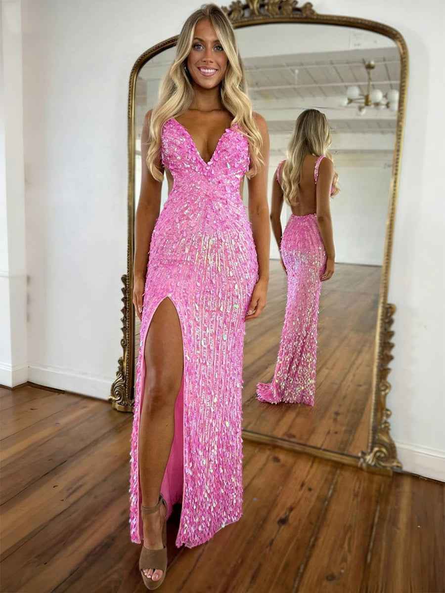 Mermaid V-Neck Backless Long Tight Sequin Prom Dress