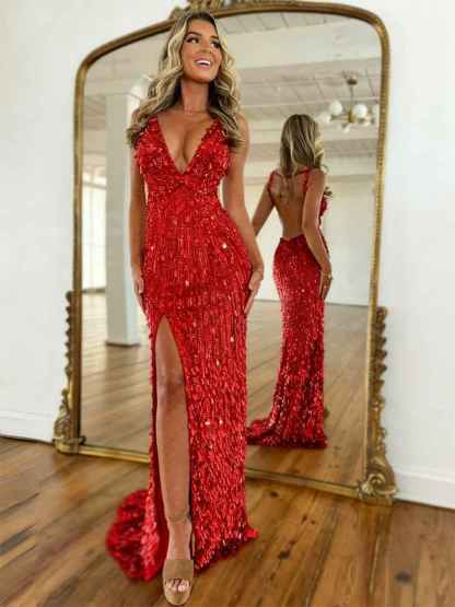 Mermaid V-Neck Backless Long Tight Sequin Prom Dress