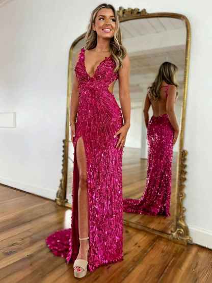 Mermaid V-Neck Backless Long Tight Sequin Prom Dress