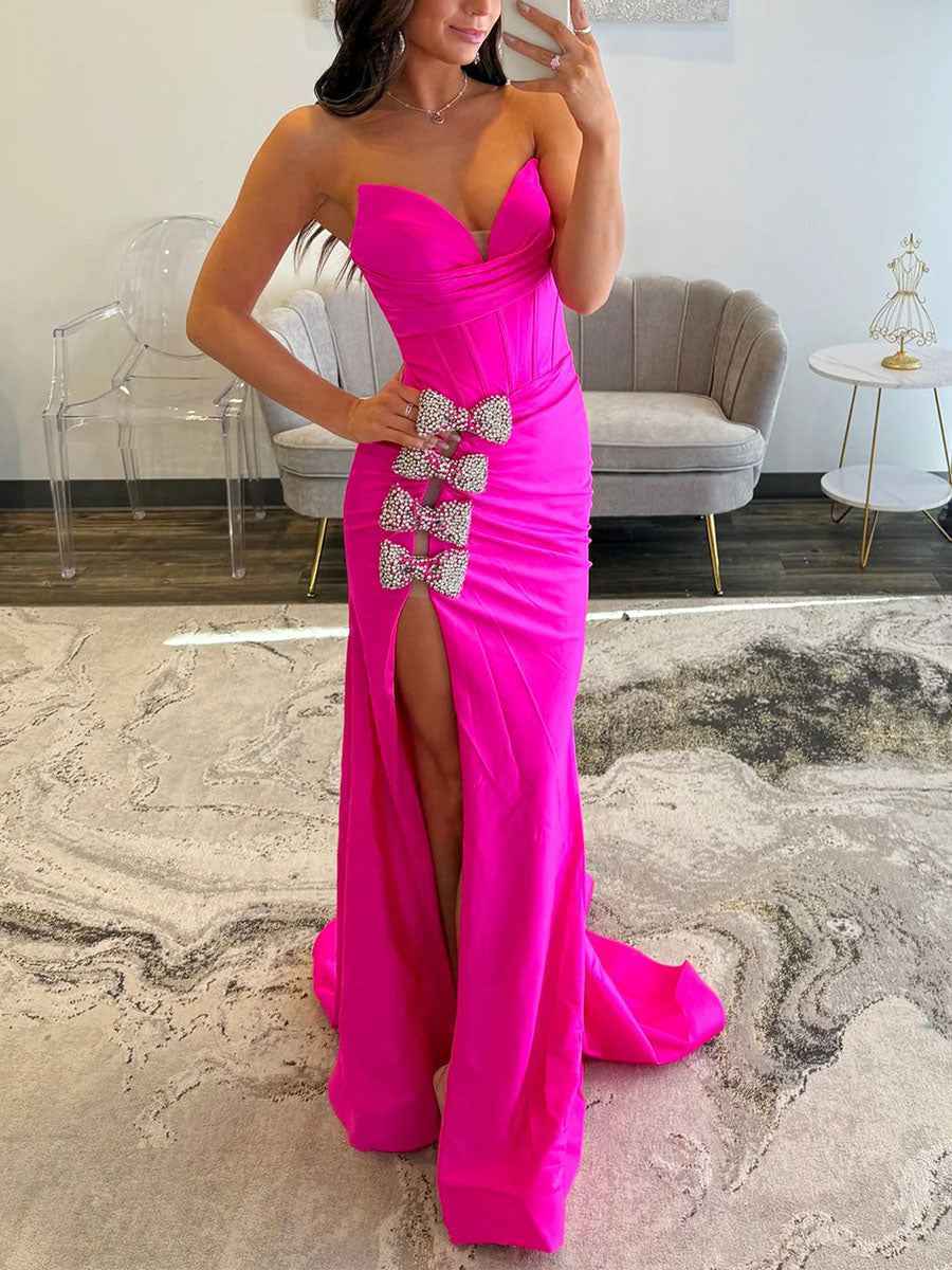 Mermaid Crystal Bows Bodice Long Prom Dress with Slit