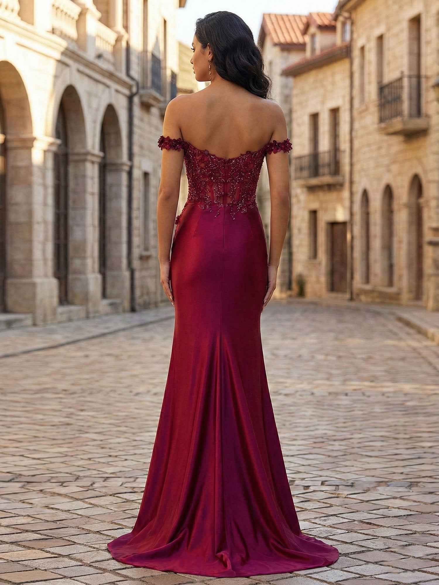 Mermaid Off-The-Shoulder Floral Corset Long Prom Dress with Slit