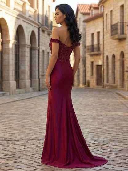 Mermaid Off-The-Shoulder Floral Corset Long Prom Dress with Slit