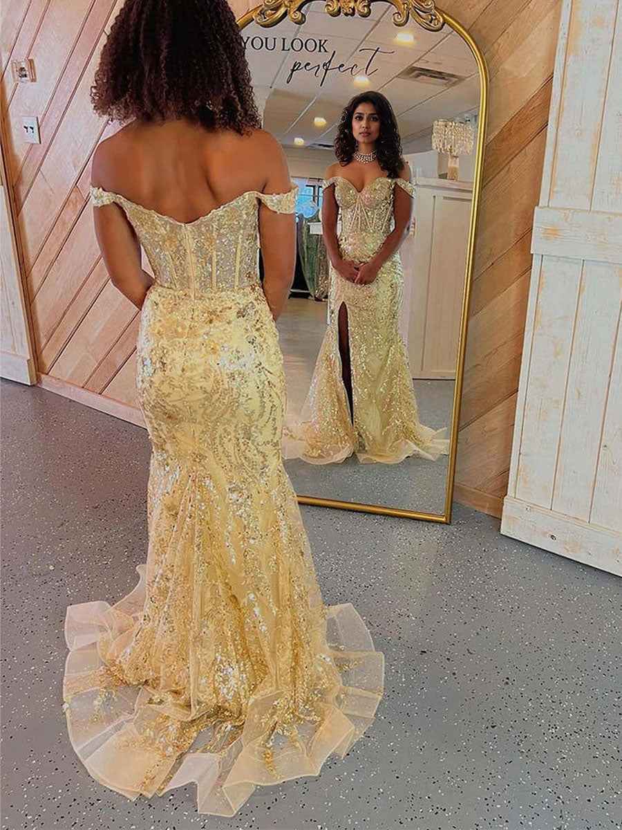 Mermaid Off-the-Shoulder Sequin Lace Long Porm Dress with Slit