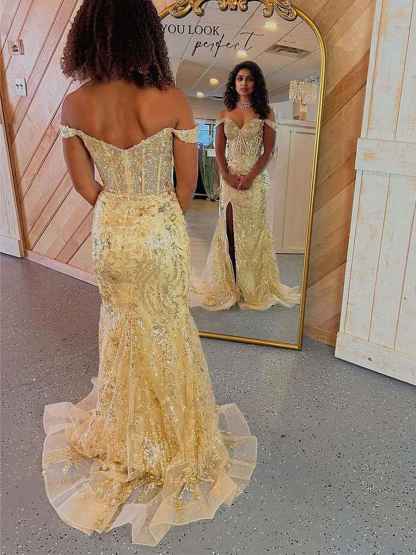 Mermaid Off-the-Shoulder Sequin Lace Long Porm Dress with Slit