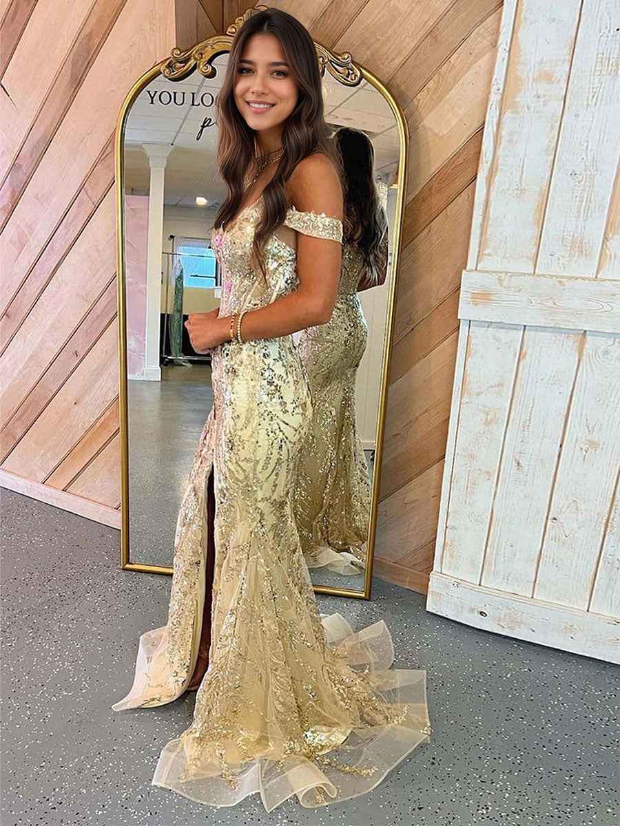 Mermaid Off-the-Shoulder Sequin Lace Long Porm Dress with Slit