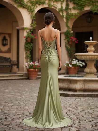 Mermaid Spaghetti Straps Bodice Long Prom Dress with Beads