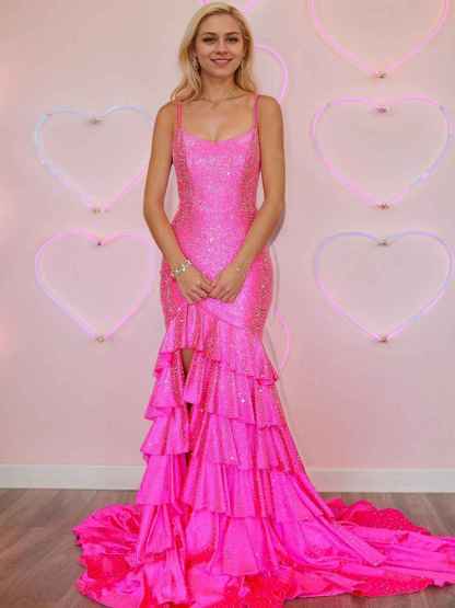 Mermaid Spaghetti Straps Rhinestone Ruffles Long Prom Dress with Slit