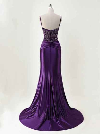 Purple Mermaid Spaghetti Straps Satin Long Corset Appliqued Prom Dress