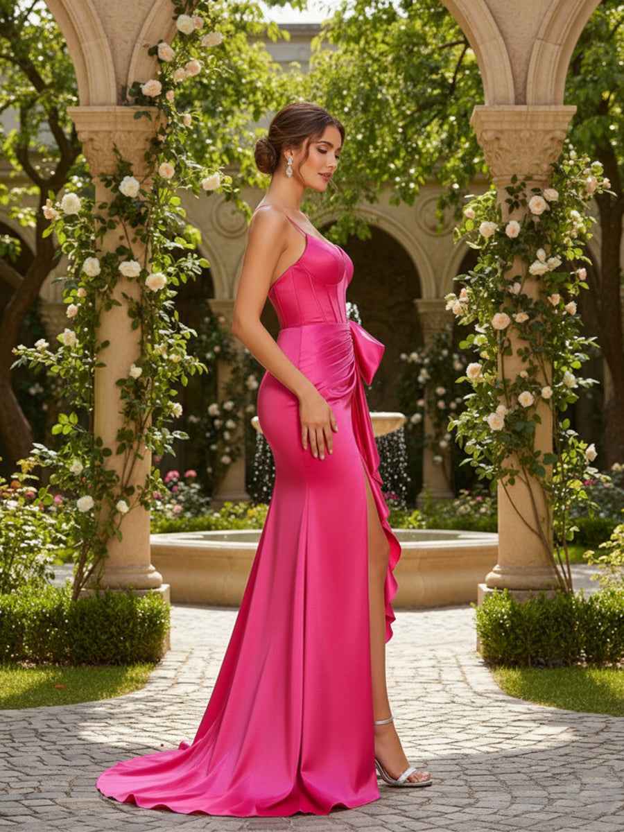 Mermaid Spaghetti Straps Satin Prom Dress with Bow