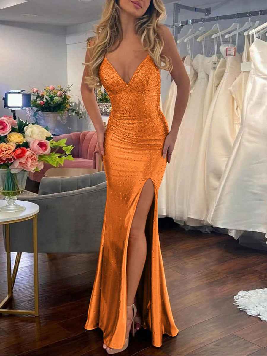 Mermaid V Neck Satin Hot Stone Prom Dress with Slit
