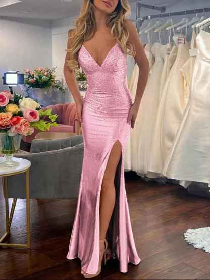 Mermaid V Neck Satin Hot Stone Prom Dress with Slit