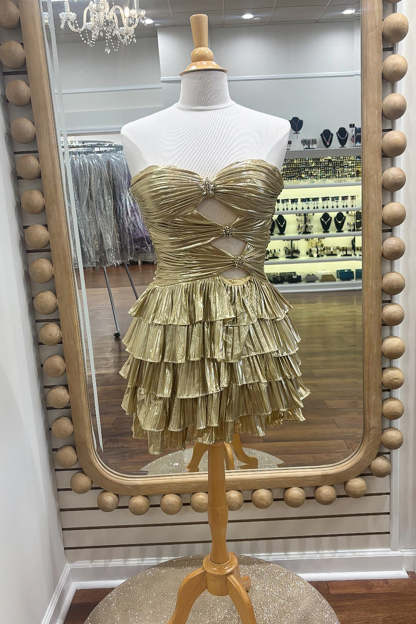 Metallic Gold A Line Sweetheart Ruched Short Homecoming Dress with Ruffles
