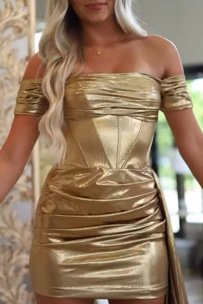 Metallic Gold Tight Ruched Short Corset Homecoming Dress with Side Cape