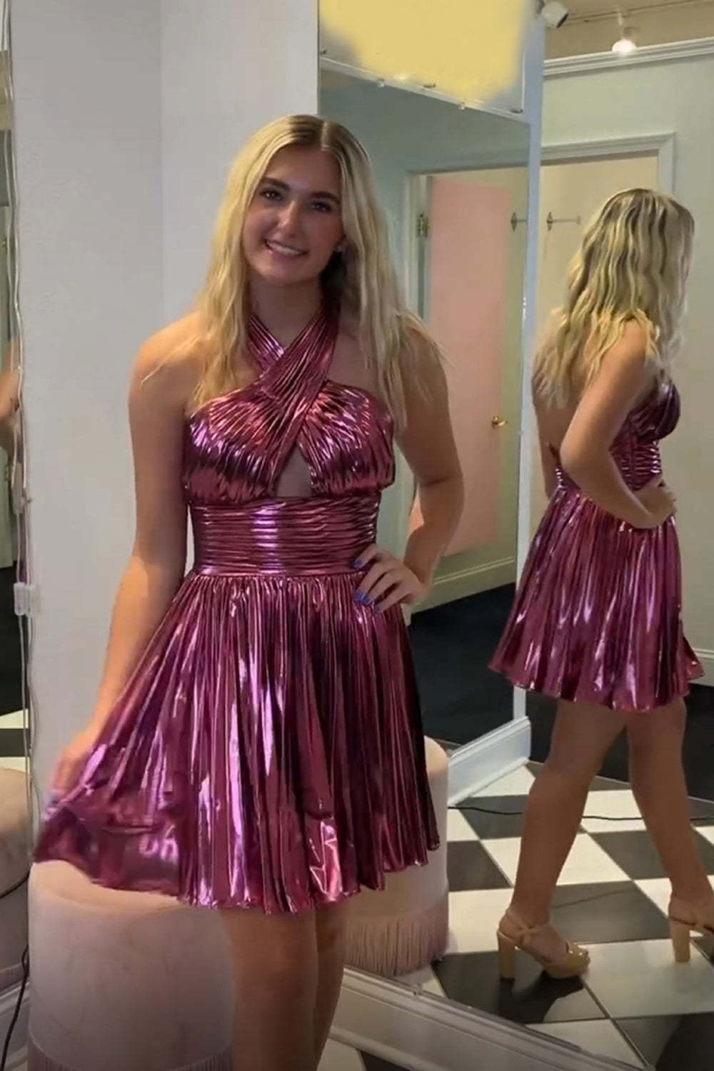 Metallic Golden Halter Neck A-Line Pleated Short Homecoming Dress