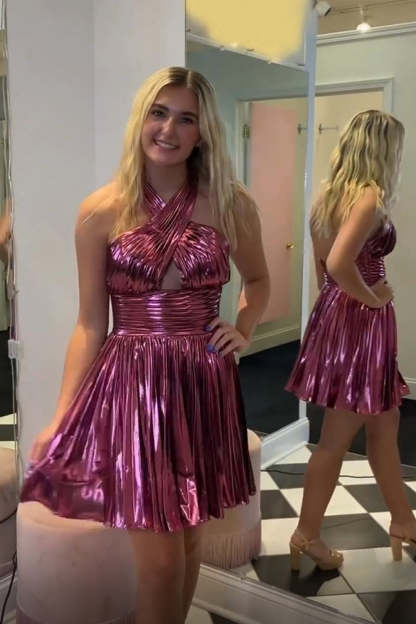 Metallic Golden Halter Neck A-Line Pleated Short Homecoming Dress