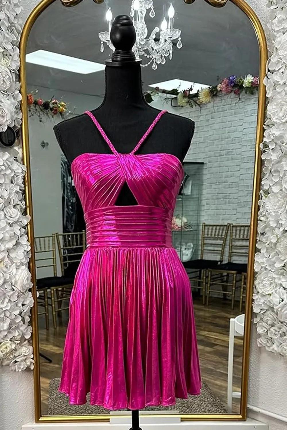 Metallic Golden Spaghetti Straps Pleated A-Line Short Homecoming Dress