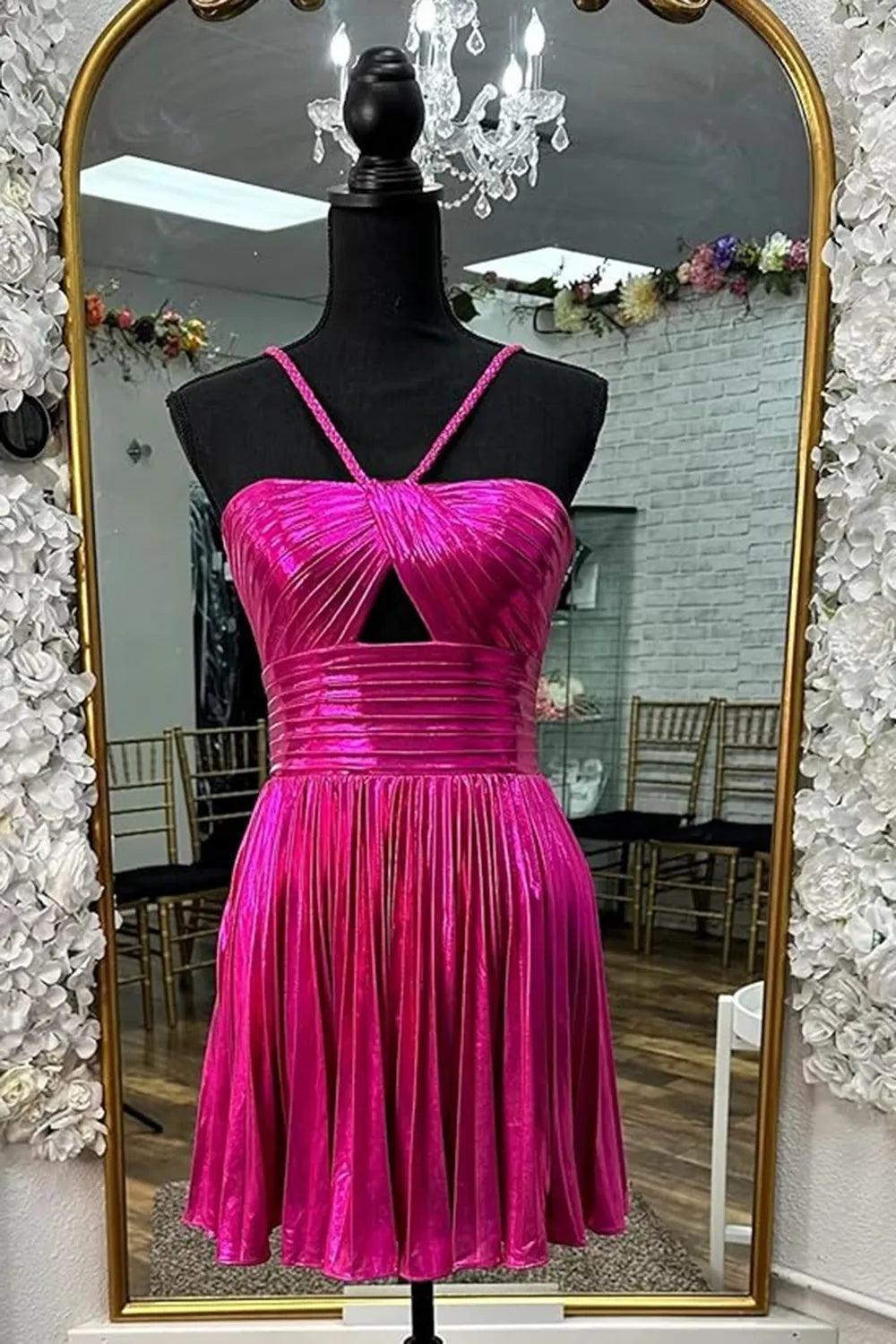 Metallic Golden Spaghetti Straps Pleated A-Line Short Homecoming Dress
