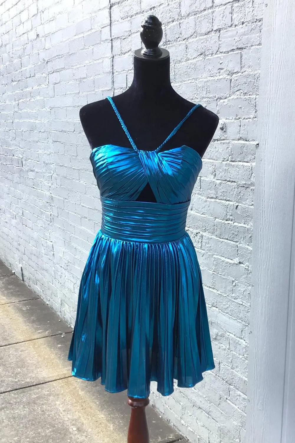 Metallic Golden Spaghetti Straps Pleated A-Line Short Homecoming Dress