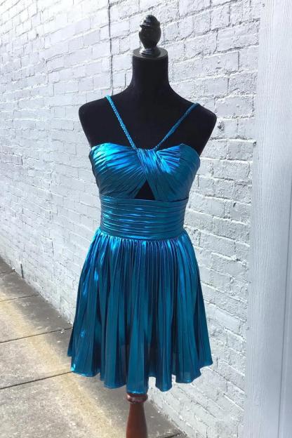 Metallic Golden Spaghetti Straps Pleated A-Line Short Homecoming Dress