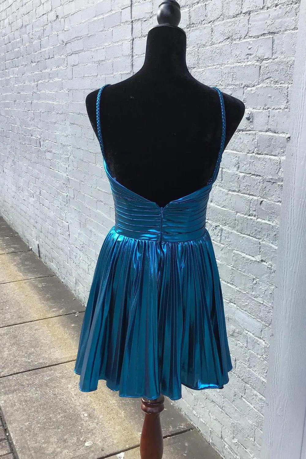 Metallic Golden Spaghetti Straps Pleated A-Line Short Homecoming Dress