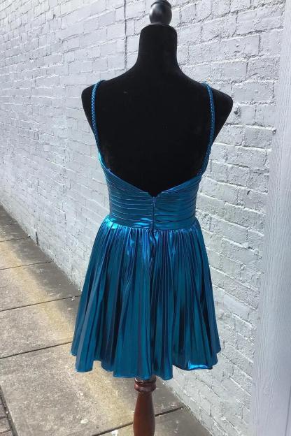 Metallic Golden Spaghetti Straps Pleated A-Line Short Homecoming Dress