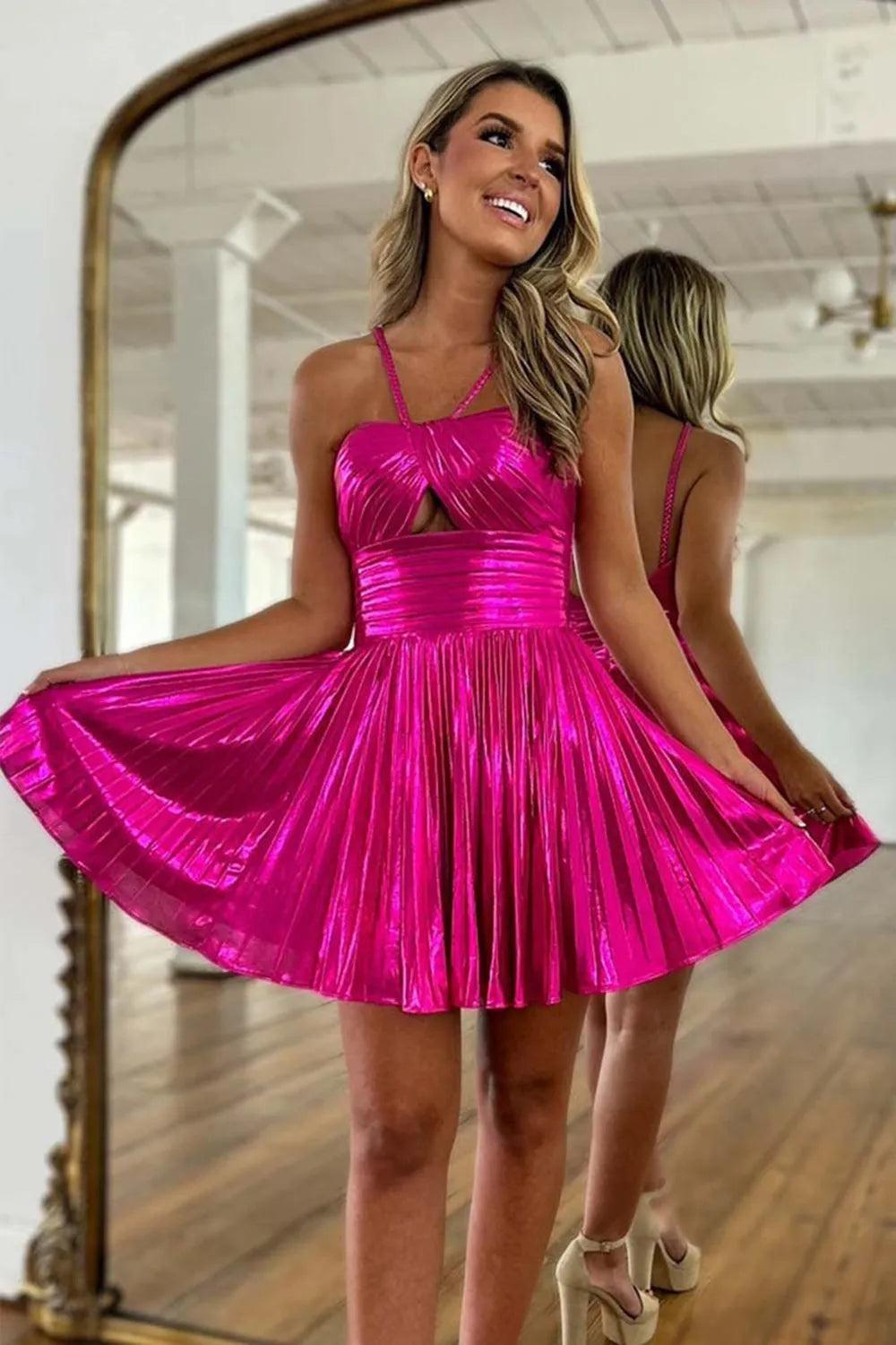 Metallic Golden Spaghetti Straps Pleated A-Line Short Homecoming Dress