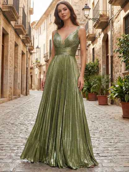 Metallic Olive Green Pleated A-Line Long Prom Dress