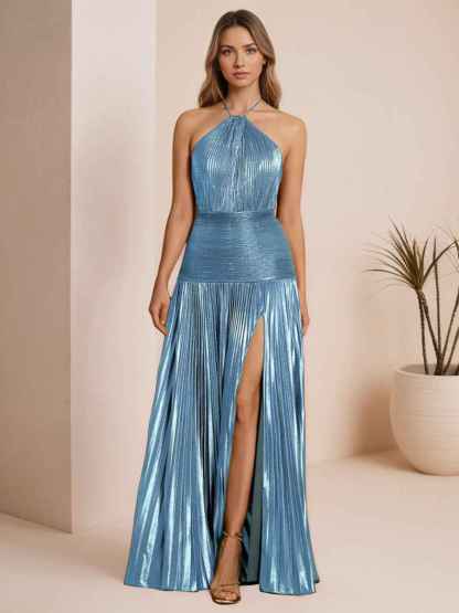 Metallic Olive Green Pleated Halter Prom Dress with High Slit