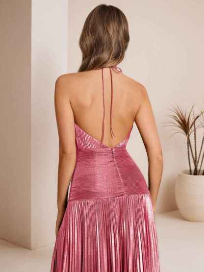 Metallic Olive Green Pleated Halter Prom Dress with High Slit