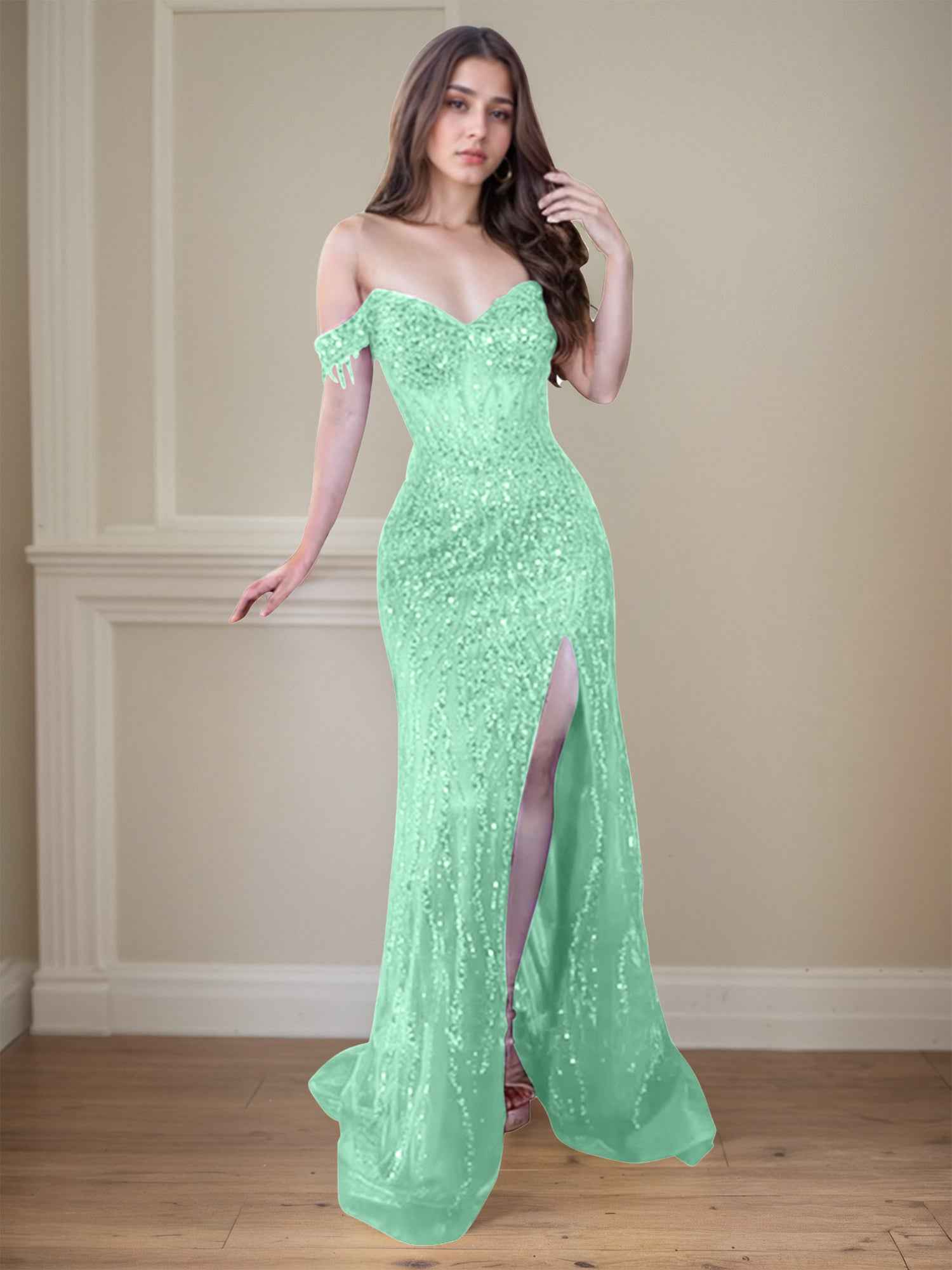 Red Off-the-Shoulder Beaded Tulle Long Prom Dress with Swirling Sequins