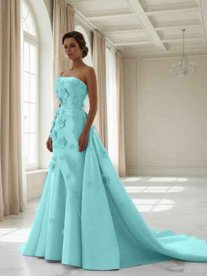 Pink A Line Satin Strapless Prom Dress with 3D Floral Appliques