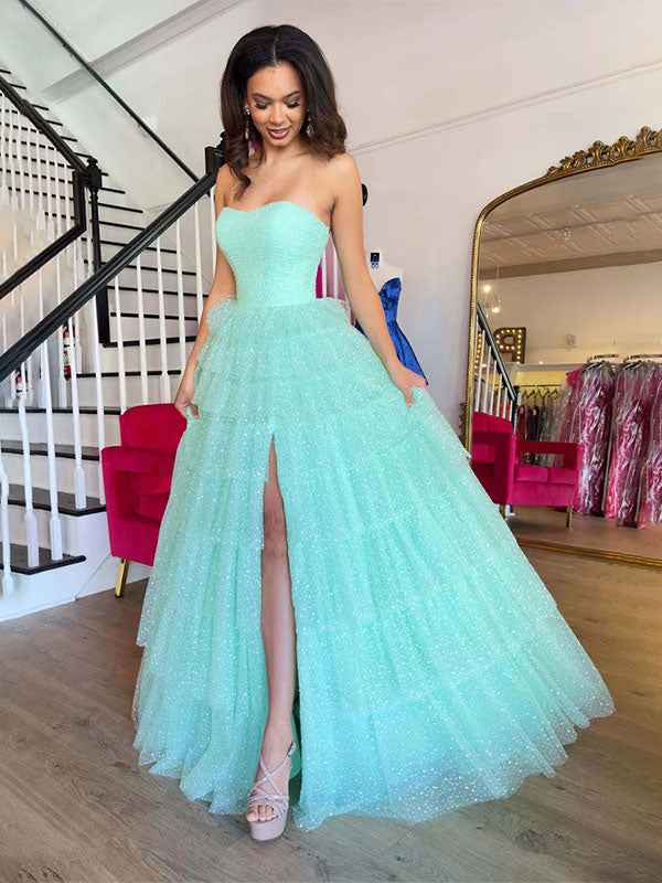 Mint Green A Line Straplesss Tulle Tiered Prom Dress