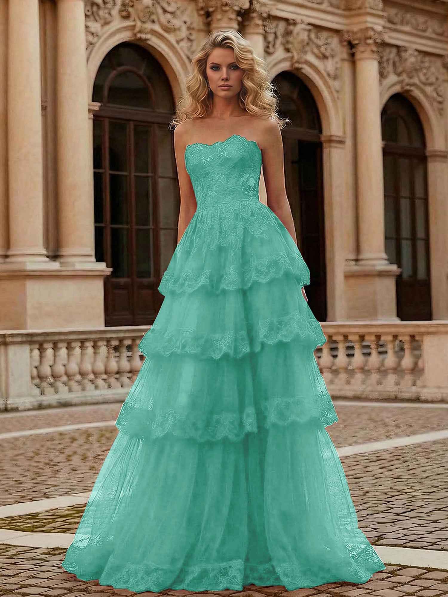 Red Tiered Tulle Strapless Lace Bodice A-Line Long Prom Dress