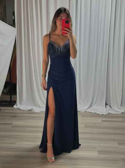 Beaded V Neck Corset Bodice Long Prom Dress with Slit