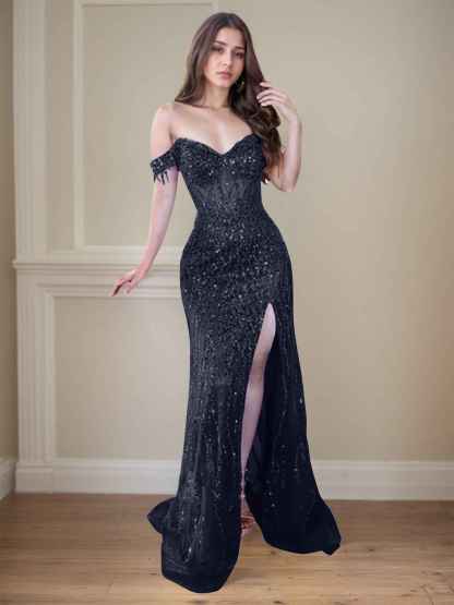 Red Off-the-Shoulder Beaded Tulle Long Prom Dress with Swirling Sequins