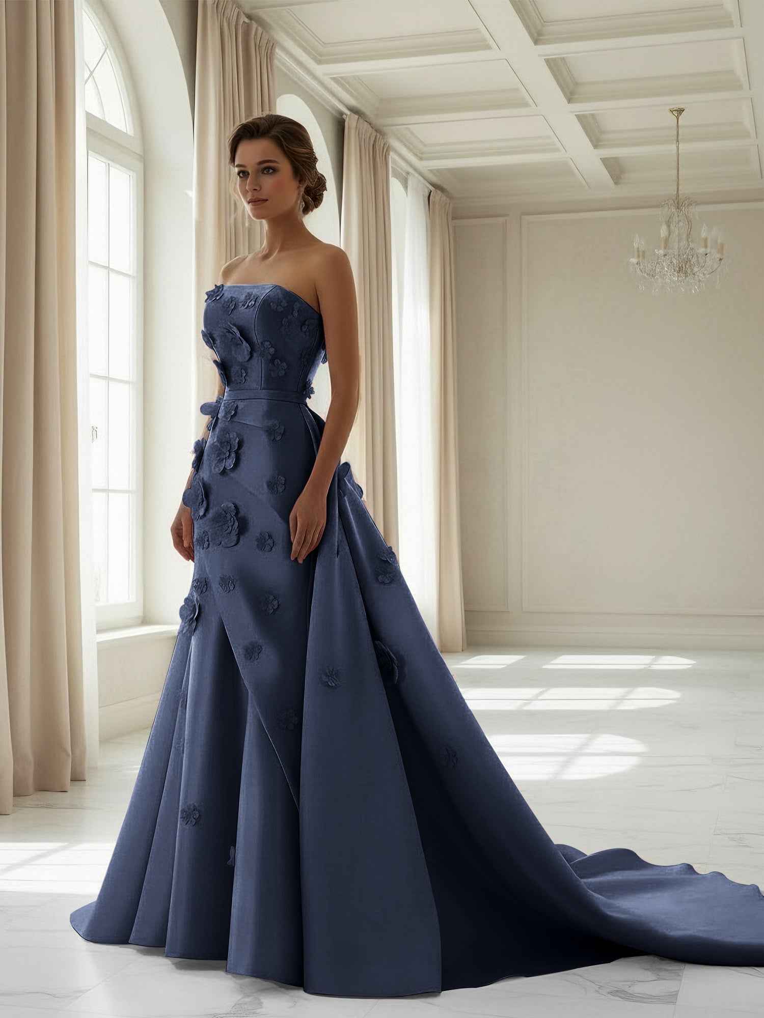 Pink A Line Satin Strapless Prom Dress with 3D Floral Appliques