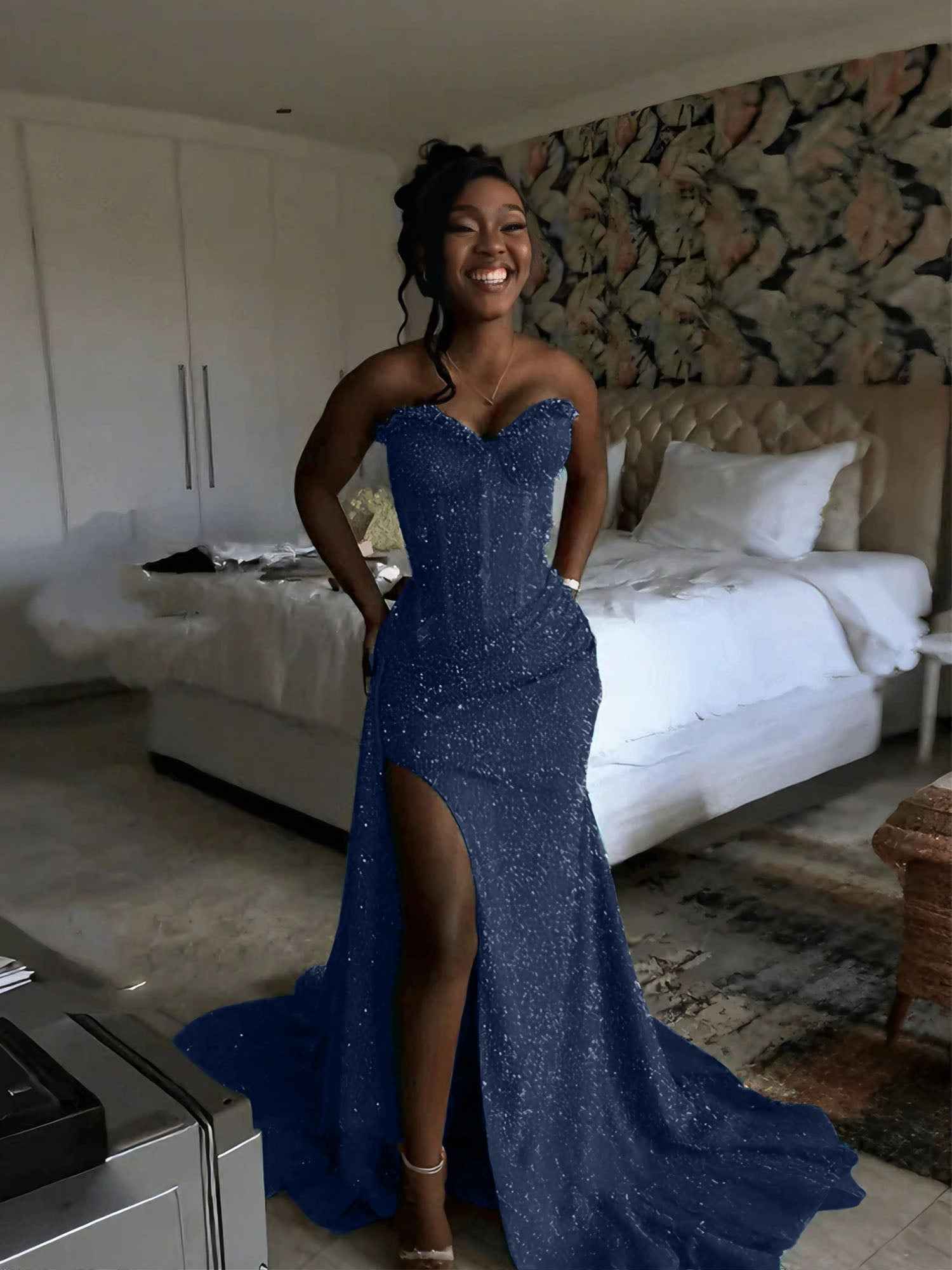 Glitter Strapless Mermaid Sequined Long Prom Dress with Slit - BMBRIDAL