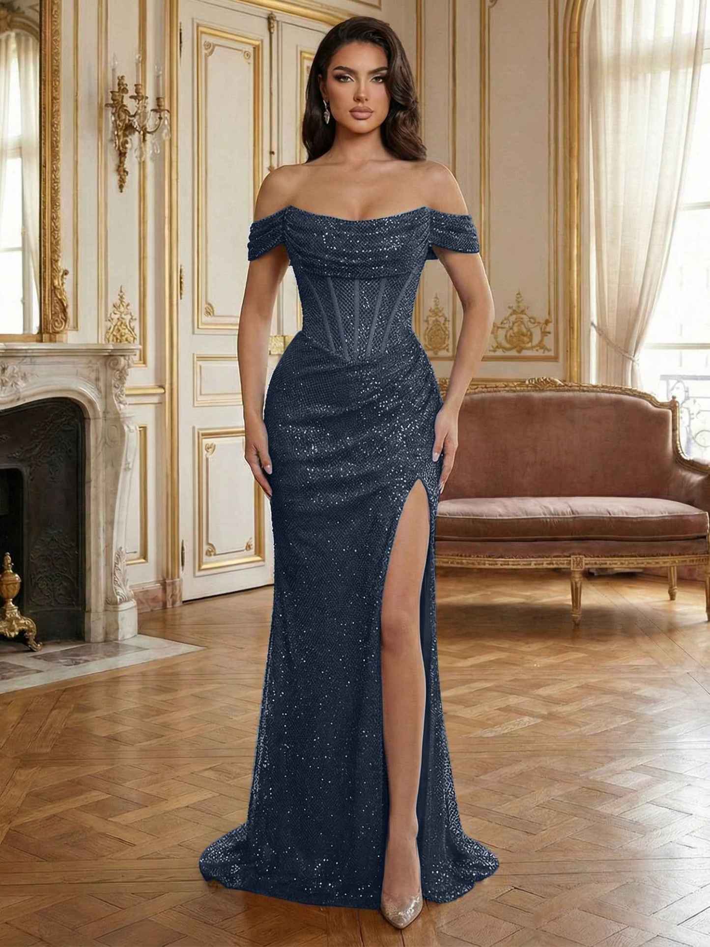 Sequin Off-the-Shoulder Corset Bodice Long Prom Dress with Slit