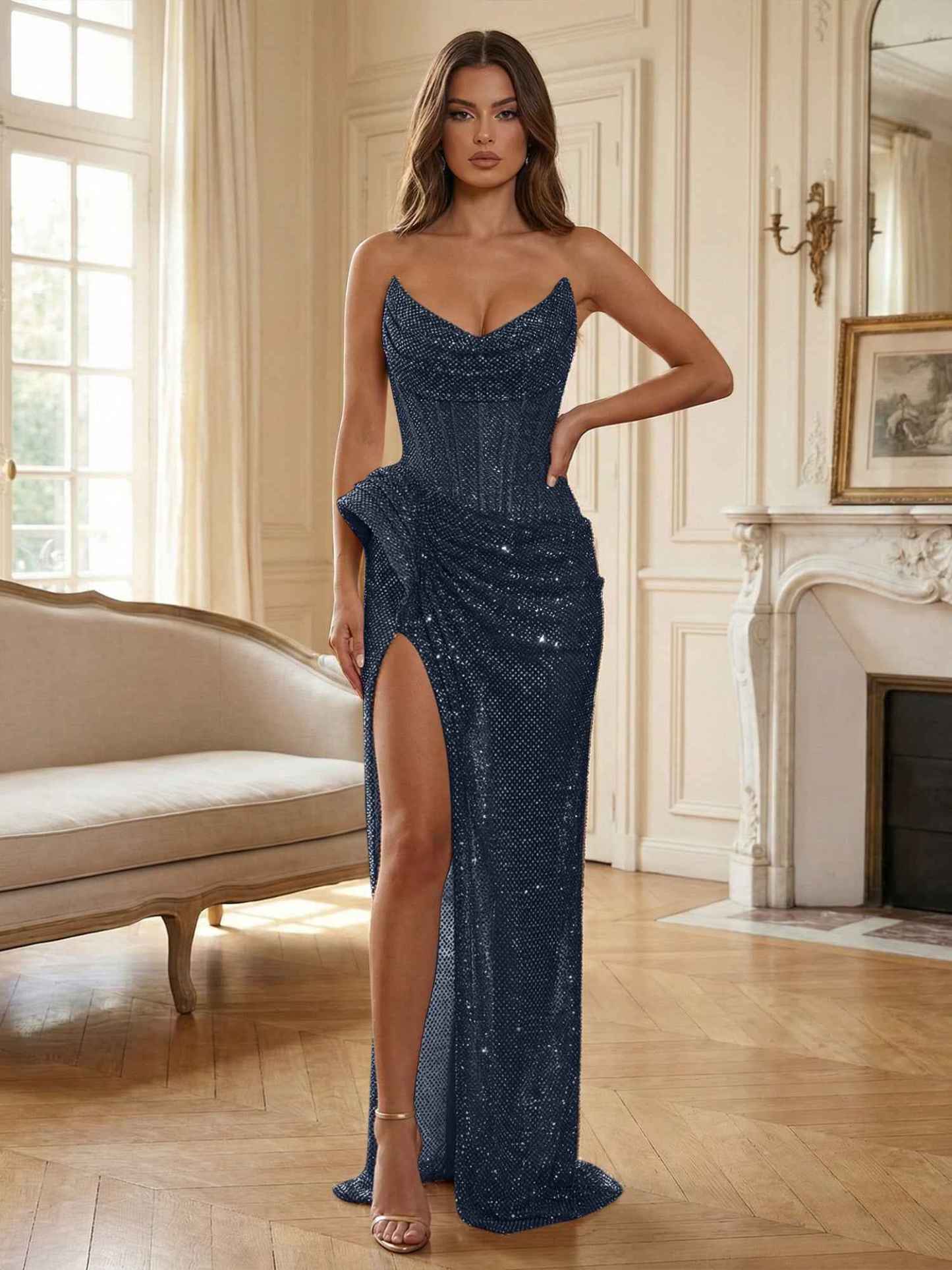 Champagne Gold Crystal-Embellished Corset Long Prom Dress with Slit