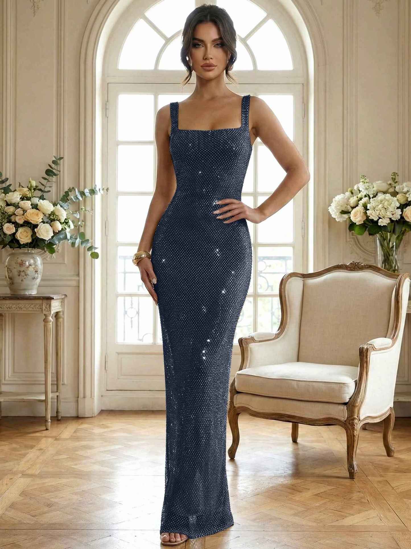 Sparkly Champagne Crystal Mesh Square Neck Long Prom Dress