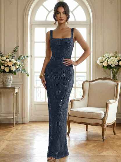 Sparkly Champagne Crystal Mesh Square Neck Long Prom Dress