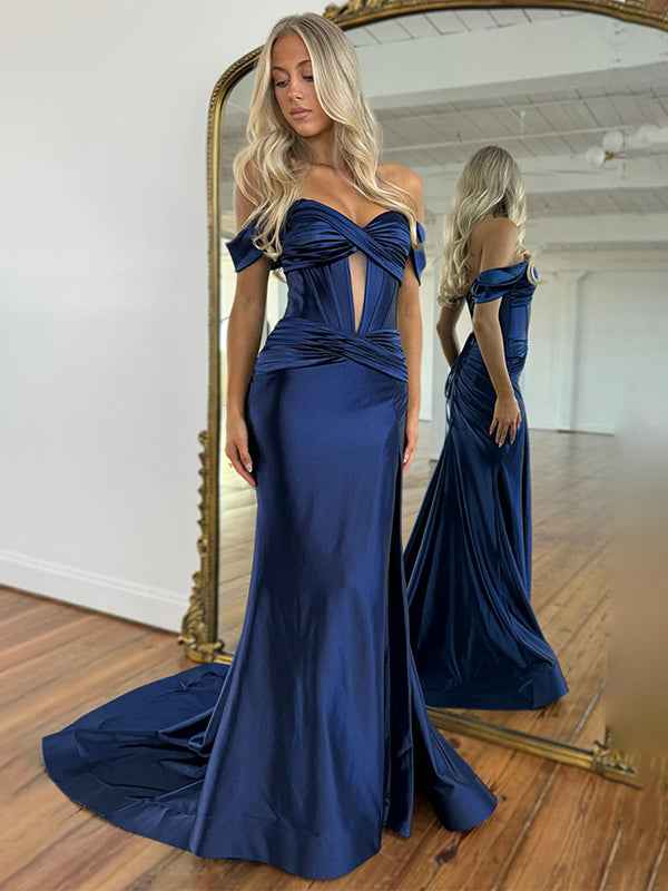 Red Mermaid Off the Shoulder Corset Long Prom Dress with Slit