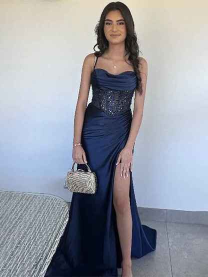 Yellow Mermaid Scoop Neck Satin Long Prom Dress with Slit