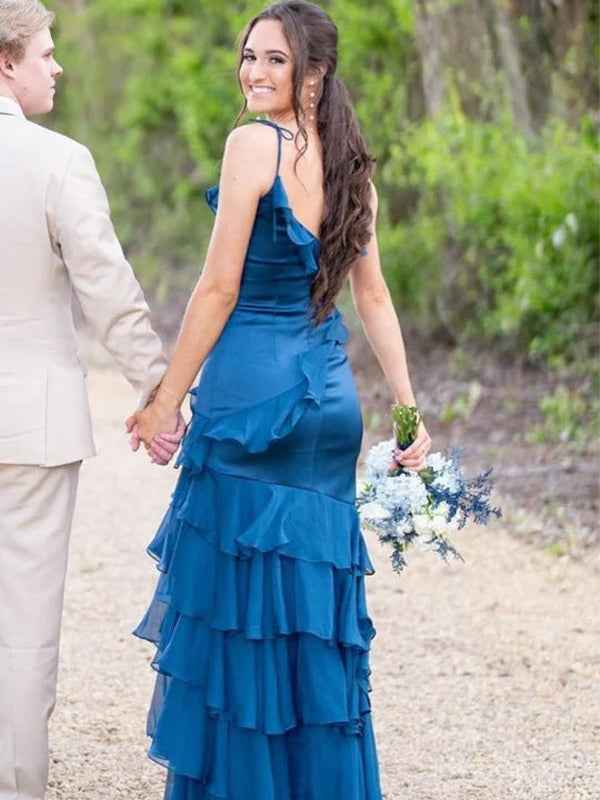 Fuchsia Mermaid Spaghetti Straps Ruffles Long Prom Party Dress