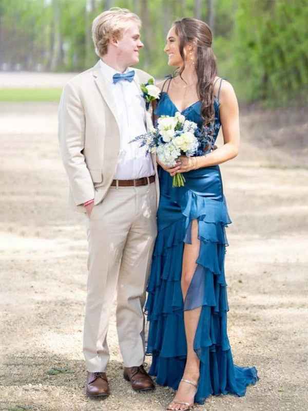 Fuchsia Mermaid Spaghetti Straps Ruffles Long Prom Party Dress