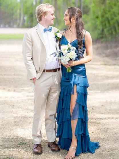 Fuchsia Mermaid Spaghetti Straps Ruffles Long Prom Party Dress