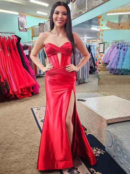 Navy Mermaid Strapless Corset Bodice Prom Dress with Slit