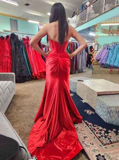 Navy Mermaid Strapless Corset Bodice Prom Dress with Slit