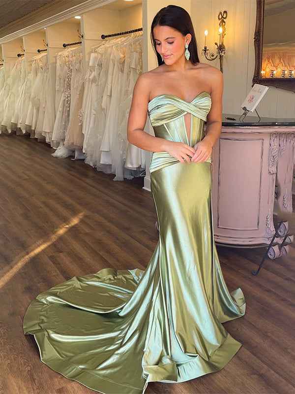 Navy Mermaid Strapless Corset Bodice Prom Dress with Slit